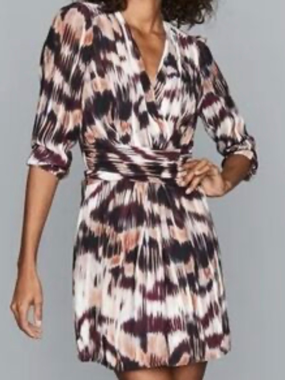 Reiss Multicolor Plum, White & Tan Pleated Wrap Mini Dress